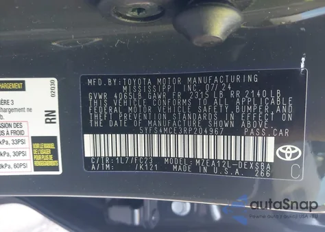 2024 Toyota Corolla Se z USA, uszkodzony, nr VIN 5YFS4MCE3RP204967